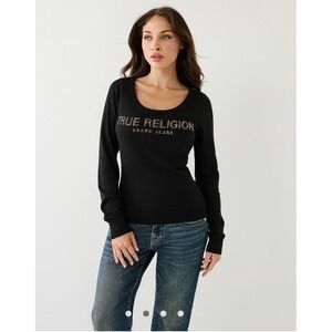 True Religion Crystal Logo Sweater Womens L Pullover Lightweight Black #207359